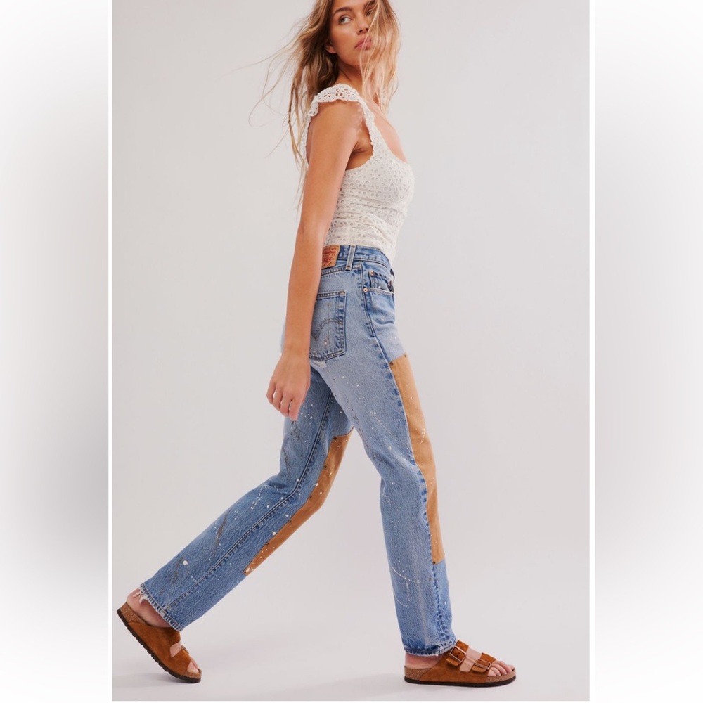 Tricia Fix Light Blue Denim Jeans with Brown Patch Panels - Picture 3 of 8